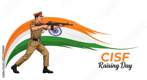 Illustration of an Indian CISF soldier in uniform holding a gun on CISF Raising Day with a patriotic background