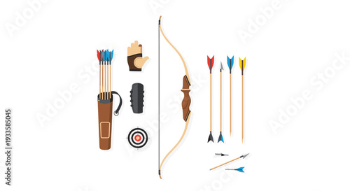 A neatly organized flat lay arrangement displays a full set of traditional archery equipment, including a bow, arrows, quiver, target, and arm guard.