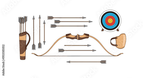 A full set of archery equipment, including a recurve bow, a quiver with arrows, loose arrows, a round target, and an arm guard, shown on a white background.
