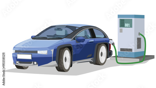 Separate layer of Electric vehicles luxury car blue color. Charging station comes with a cable and charging head that connects to the rear of the car. Show inside car. On isolated white background.