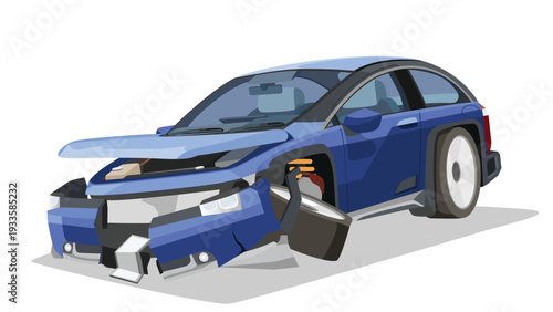 Separate layer of damage luxury cross over hatchback car blue color. Car front bumper was damaged. The front wheel came off and the tire was flat. Show inside car. On isolated white background.
