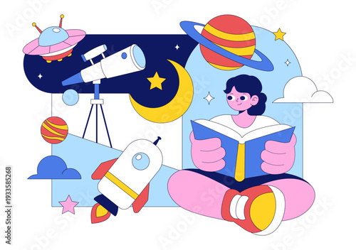 Astronomy Vector Illustration Featuring People Observing a Starry Night Sky with Galaxies and Planets in Outer Space Through Telescopes