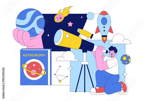 Astronomy Vector Illustration Featuring People Observing a Starry Night Sky with Galaxies and Planets in Outer Space Through Telescopes