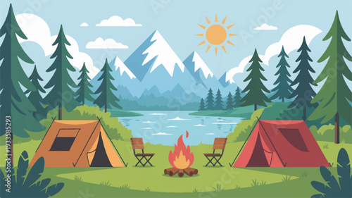 Summer camp landscape with tents campfire and serene lake surrounded by mountains and trees on a sunny day