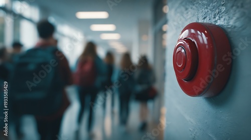 Close up of a red fire alarm button in a blurred school hallway with students in the background