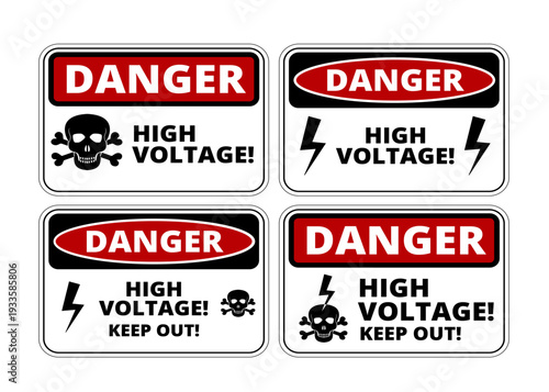 Set of industrial safety signs for high voltage danger. Features skull and crossbones icons, lightning bolt symbols, and "Keep Out" warning text in red, black, and white colors.