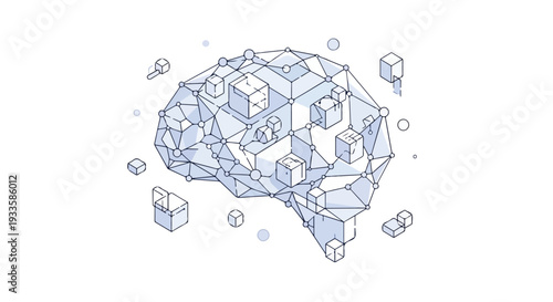 Isometric Brain Illustration with Neural Network and Geometric Cubes representing Artificial Intelligence and Machine Learning
