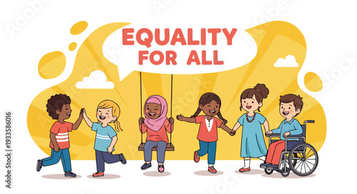 Diverse group of children holding hands in solidarity with a wheelchair user, promoting equality for all on Zero Discrimination Day against a vibrant yellow background with a hopeful mood