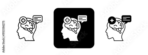 Psychiatry  Solid color and black line drawing vector illustration set