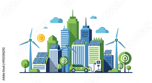 Sustainable Smart City Illustration with Renewable Energy Solar Panels and Electric Vehicle