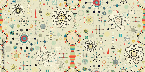 Retro atomic patterns and scientific symbols cover a light background