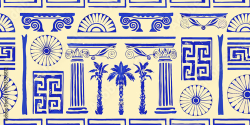 Ancient greek architectural motifs and decorative elements in blue and beige