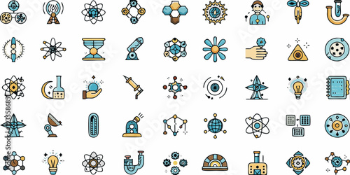 Colorful collection of science and technology related icons and symbols