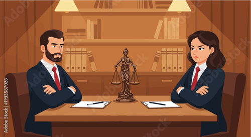 Legal dispute resolution a male and female lawyer facing each other across a table, symbolizing conflict and negotiation in a courtroom setting