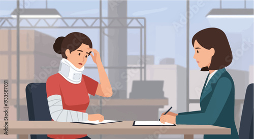 Insurance agent consults with injured woman wearing neck brace and arm cast, discussing claim