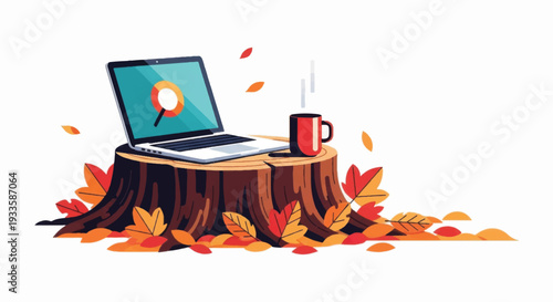 Laptop Computer on Tree Stump with Coffee.