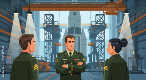 Military personnel in uniform inspecting a rocket launch vehicle within a large hangar facility, demonstrating aerospace engineering and mission readiness