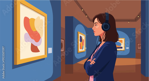 A woman with headphones immersed in the art at a modern gallery, observing abstract paintings on display