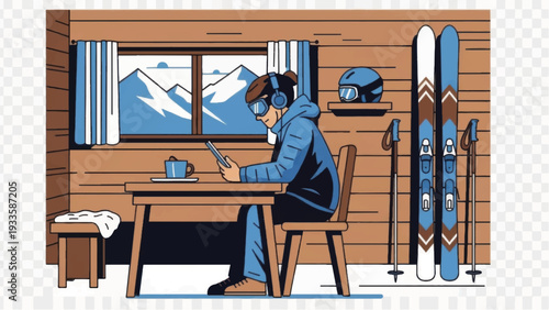 Man Sitting at Desk with Ski Equipment Nearby.