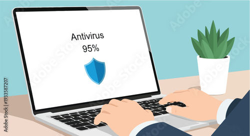 Antivirus scan in progress on a laptop, displaying 95% completion with a shield icon, representing digital security and protection