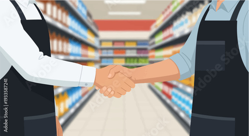 Two store employees in aprons shaking hands in a grocery store aisle