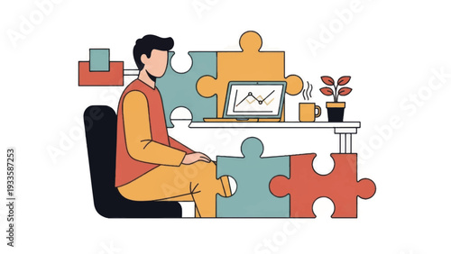 Man Working on Puzzle Piece Computer Desk.