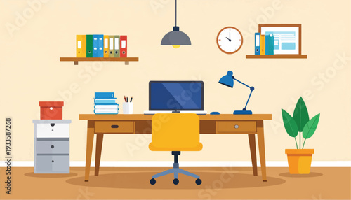 Modern Office Desk with Computer and Accessories.