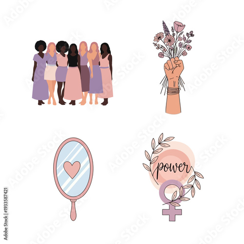 Empowering graphic collection of diverse women, unity, and self-love illustrations. Showcasing female strength, positive self-image, and modern feminist themes