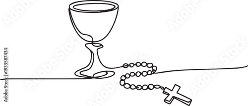 Christian Communion Cup and Rosary Cross Line Art Faith and Religion Concept Illustration