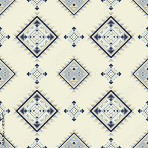 Blue Beige Tribal Geometric Seamless Pattern. This seamless tribal geometric rug pattern features elegant blue and beige tones inspired by traditional ethnic textile art.
