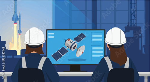 Aerospace engineers collaboratively developing advanced satellite technology on a computer display, with successful rocket launches symbolizing progress in space exploration and scientific innovation