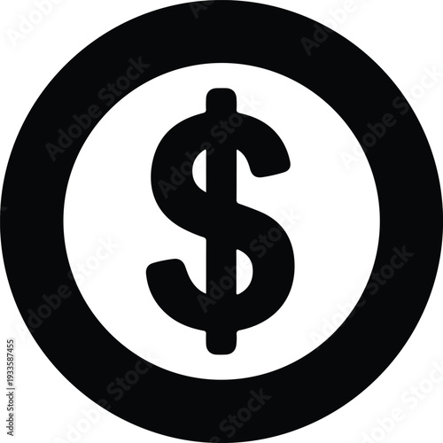 A striking black and white graphic illustration of a dollar sign inside a circular border, representing finance and currency