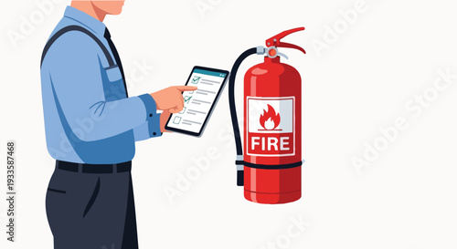Professional conducting a crucial fire safety inspection, meticulously checking an extinguisher with a digital tablet for workplace compliance and prevention