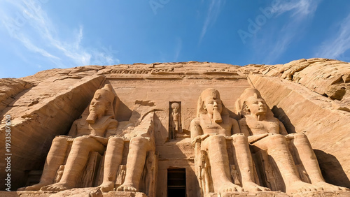 A low angle shot looking up at the massive statues of Ramses II at Abu Simbel