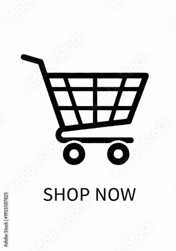 Simple black shopping cart icon with shop now text.