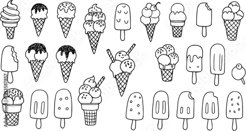 Cute Black and White Ice Cream and Popsicle Doodles - A Sweet Collection of Hand-Drawn Summer Frozen Dessert Illustrations
