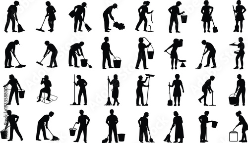Cleaning staff silhouette collection, janitors and housekeepers sweeping mopping and carrying buckets isolated on white background vector illustration