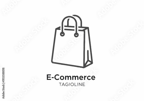 Simple black line illustration of a shopping bag with handles and text e-commerce tagioline.