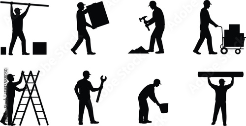 Builder worker silhouette set, construction laborers carrying materials using hammer wrench ladder and trolley isolated on white background vector illustration