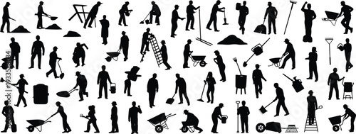 Construction and gardening worker silhouettes collection, laborers with wheelbarrow shovel rake ladder and tools isolated on white background flat vector illustration set