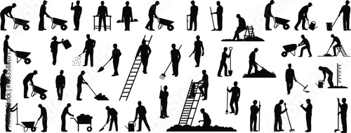 Construction and landscaping worker silhouettes set, laborers with wheelbarrow ladder shovel rake performing building and gardening tasks isolated on white background vector illustration