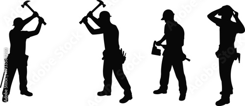 Construction carpenter worker silhouettes set, handyman with hammer and toolbox in various poses isolated on white background flat vector illustration