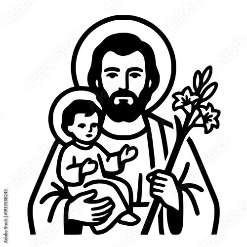 Minimalist Icon of Saint Joseph with Infant Jesus and Lilies