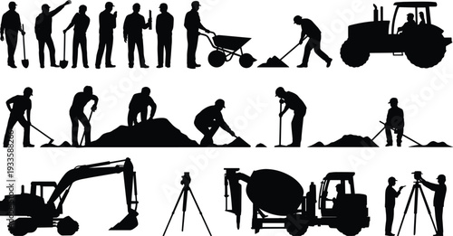 Construction worker silhouette collection, builders with excavator tractor concrete mixer wheelbarrow and surveying equipment isolated on white background vector illustration