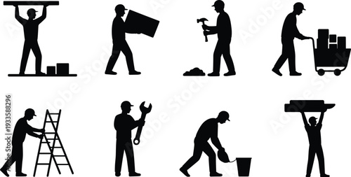 Construction worker silhouette set, builders carrying materials using hammer wrench ladder and cart isolated on white background vector illustration