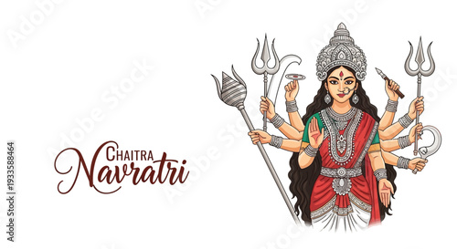 Illustration of Goddess Durga with multiple arms holding various objects, wearing a red dress and a silver crown, with Chaitra Navratri written in red cursive font on a white background,