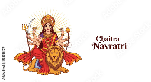 Illustration of Goddess Durga, a significant figure in Hinduism, specifically depicting Maa Shailputri, riding a lion with a serene expression, surrounded by symbolic objects, representing
