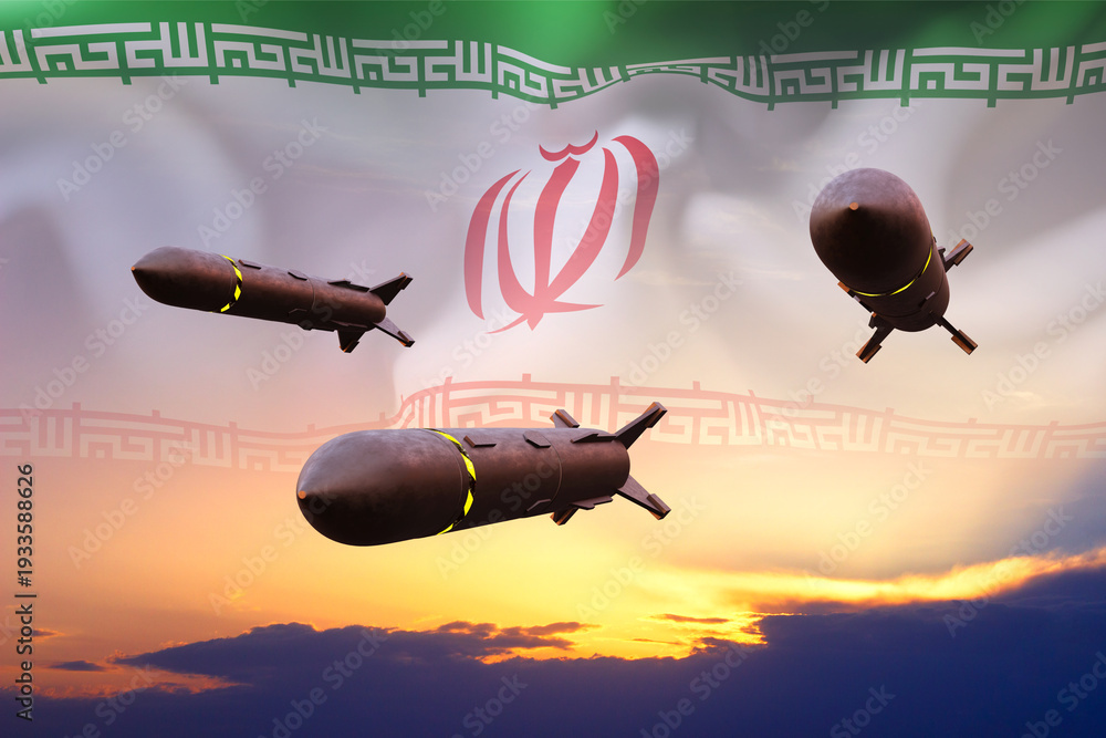 Obraz premium Missiles with Iran flag against the sunset. Bomb, chemical weapons, missile defense, a system of salvo fire
