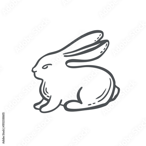 Rabbit sketch vector graphic illustration for design of farming and zoological themes. Whimsical hand drawn isolated Easter bunny. Black and white hare line art for organic products packaging, card.