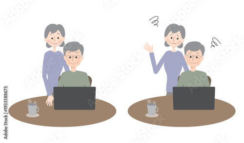 パソコンを使うシニア夫婦の表情セット